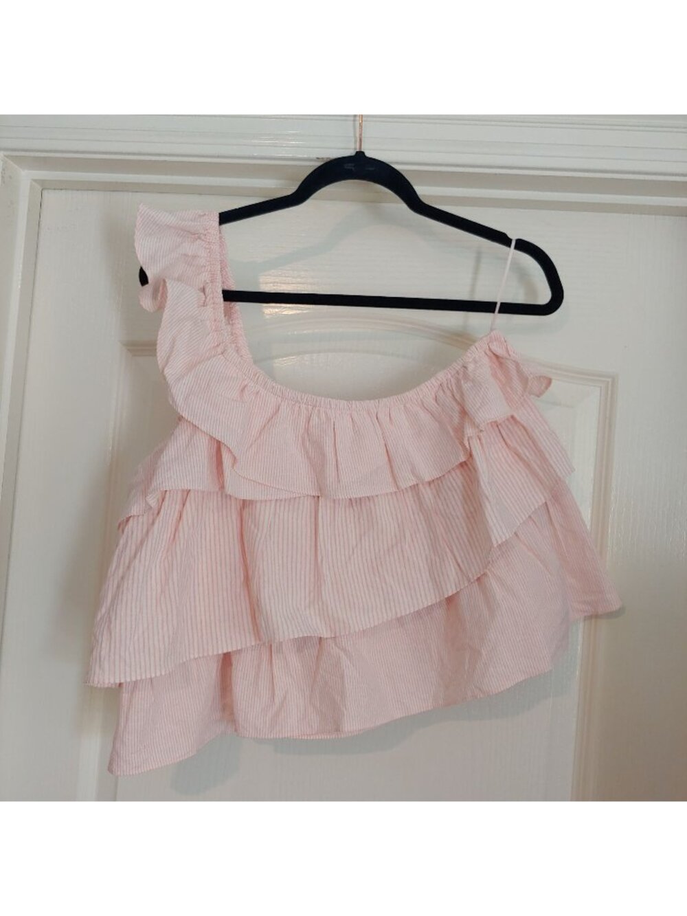 Pink Lily Pink Striped One Shoulder Ruffle Tiered Top Coquette Coastal Boho M